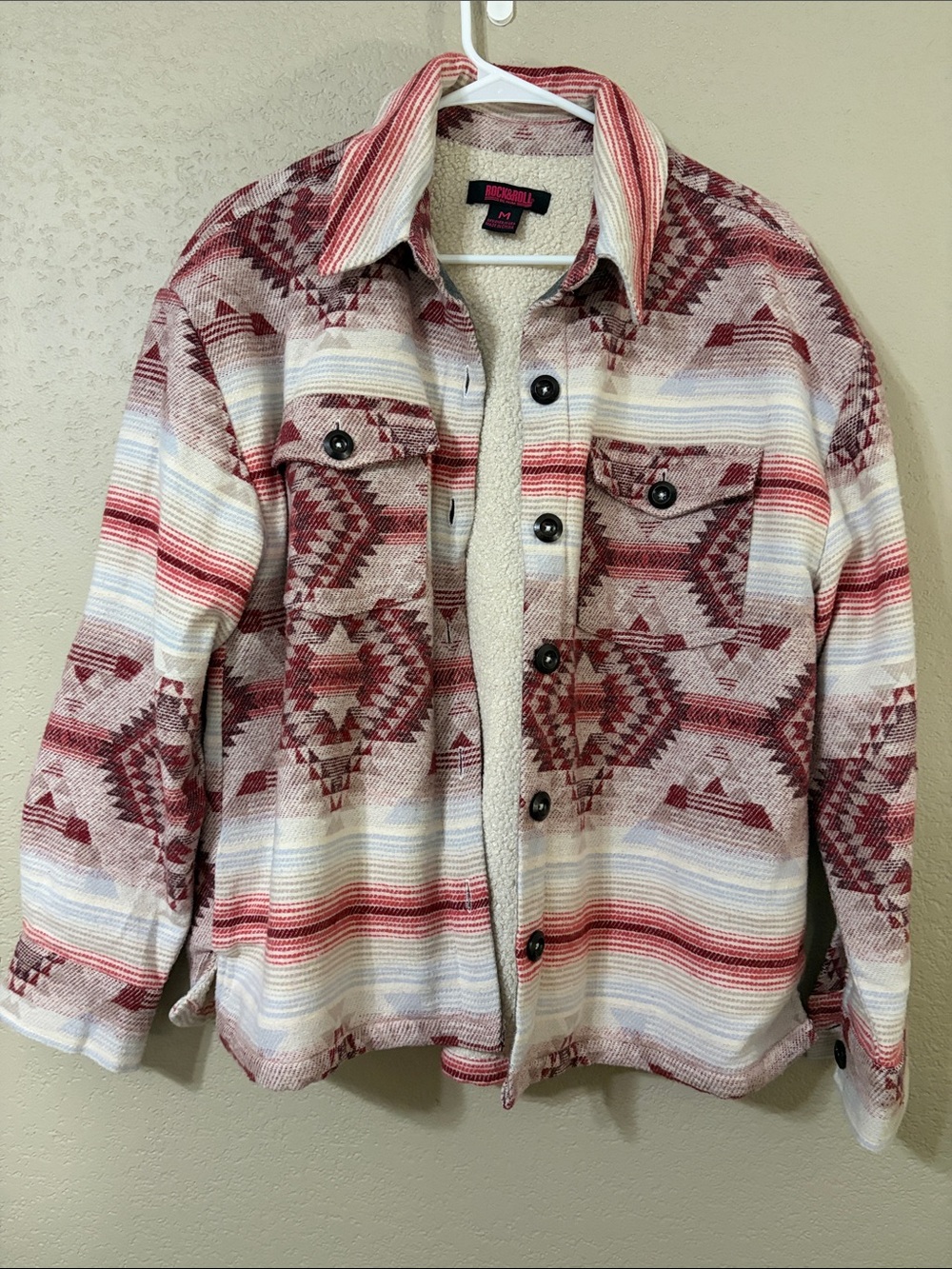 Red Patterned Sherpa-Lined Shirt Jacket
